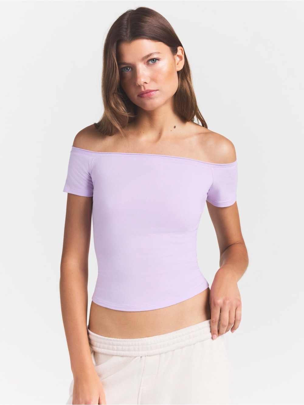 SKIMS Off-Shoulder Short Sleeve Top in Lilac